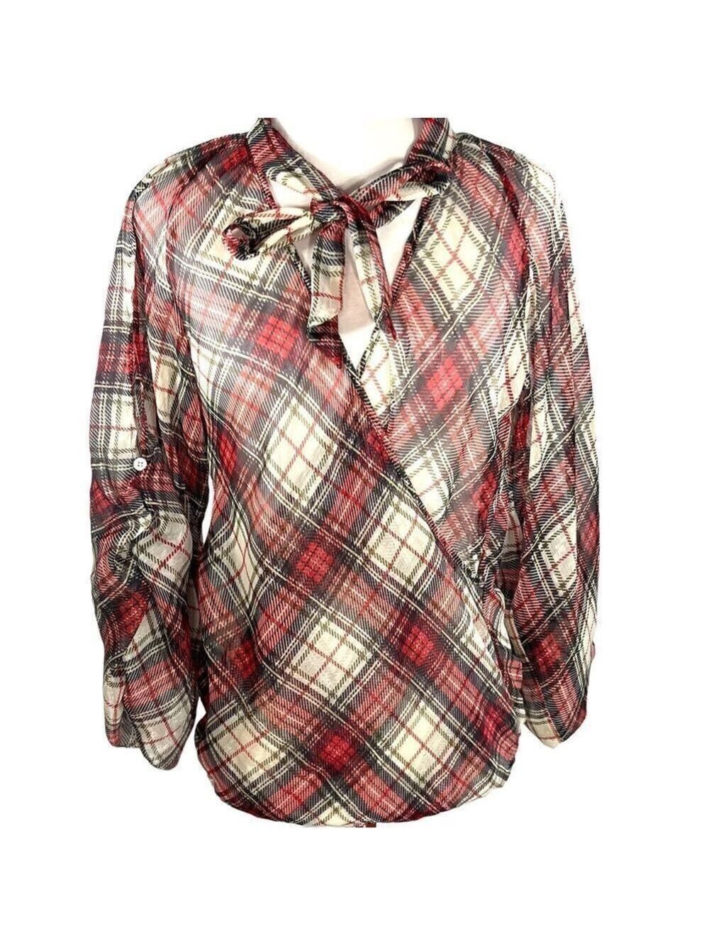 𝅺Tristan Sheer Red Black Green Gold and Grey Plaid Wrap FrontTie Blouse Size XS